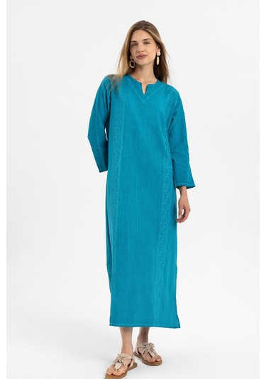 Turkuaz İşlemeli Uzun Kollu Astarsız Pamuklu Uzun Elbise-turkuaz Turkuaz