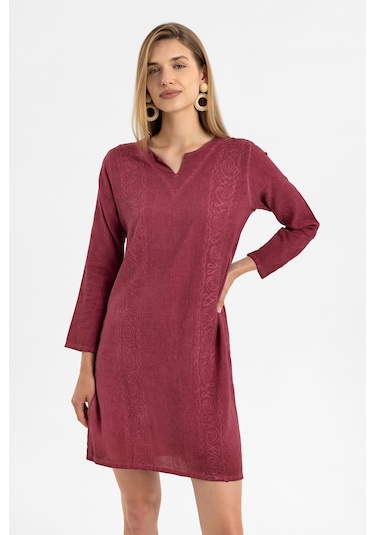 Bordo İşlemeli Uzun Kollu Astarsız Pamuklu Kısa Elbise-bordo