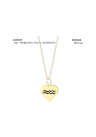 Şubat Ayı Doğumlarına Özel Kalp Motifli Zincirli 14 Ayar Altın Plakalı Hediyelik Kolye-352ay Şubat