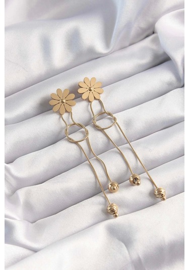 316l Çelik Altın Renk Sallantılı Düğüm Model Papatya Küpe