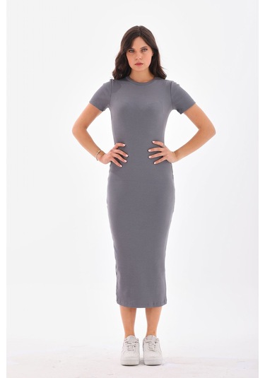 Gri Kısa Kollu Diz Altı Fitilli Esnek Kalem Elbise - 115 Cm Gri