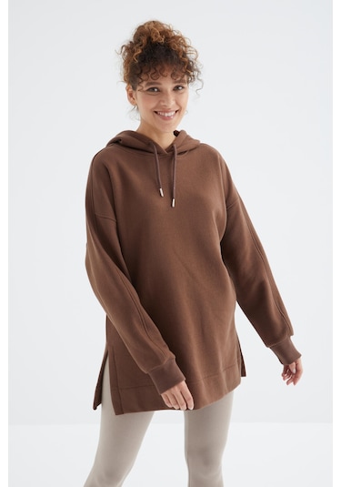 Kahverengi Reglan Kol Basic Kapüşonlu Oversize Sweatshirt Tunik - 97242 Kahverengi