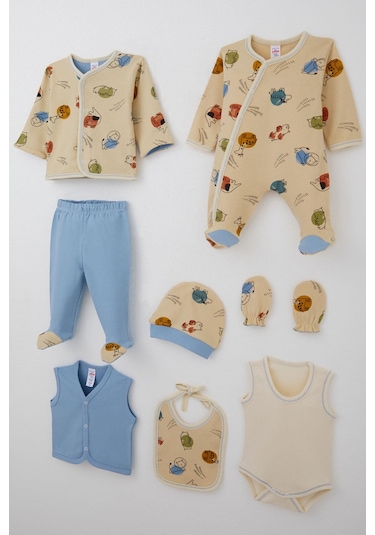 Breeze Erkek Bebek Hastane Çıkışı 8 Li Sevimli Hayvancıklar Desenli 0-3 Ay, Bej Bej