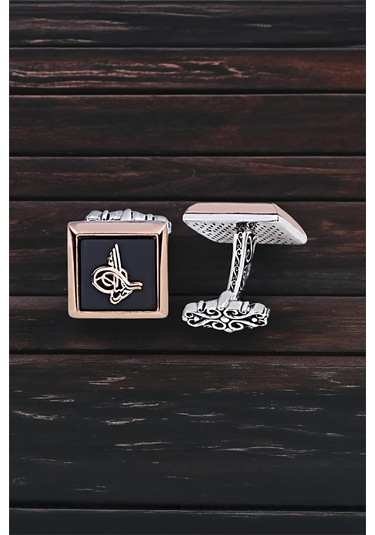 Gümüş Onix Taşlı Tuğralı Kare Kol Düğmesi