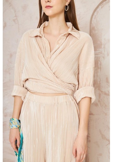 Kadın Pliseli Beli Lastikli Pantolon Tunik Gömlek Ikili Bürümcük Salaş Takım 3573300 Bej