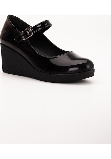 Baretli Suni Deri Siyah Rugan Kadın Dolgu Taban Ayakkabı-3105-sıyah