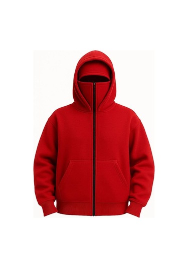 Kadın Samuray Ninja Çift Kapşonlu Zıp Fermuarlı Kanguru Çepli Hoodie Maske Detaylı Swetshirt - Kırmı Kırmızı