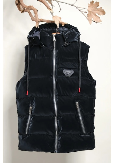 Kapüşonlu Erkek Çocuk Nova Kumaş Şişme Yelek Siyah