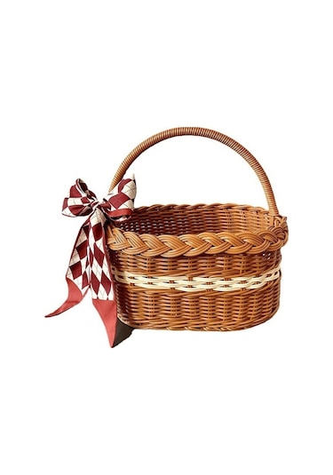 Besthome1 Pratik El Tutanaklı Sepet - Bebek Piknik, Hediye, Meyve İçin - Sarı Rattan Örgü - Küçük Boy 27x18x14 Cm, Tencel Şal