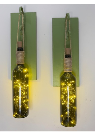 Led Işıklı Yeşil Ahşap Renkli Retro Şarap Şişesi Duvar Aplik 2'li Set Yeşil
