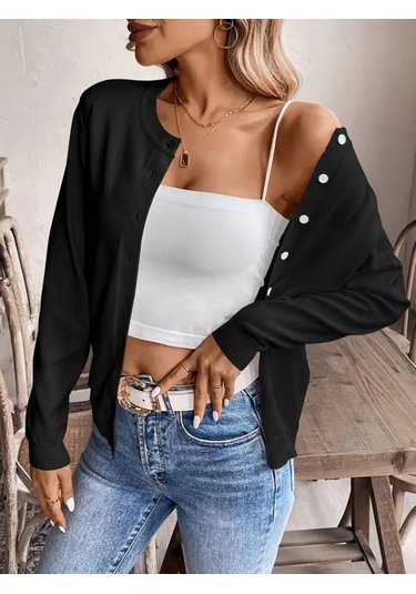 Kadın Uzun Kollu Önden Düğmeli Triko Ceket Siyah