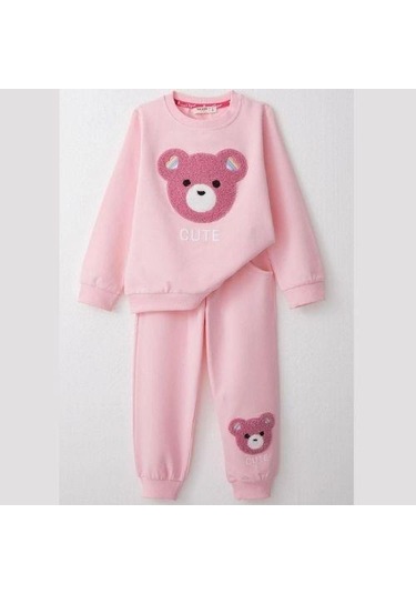 Kız Çocuk Ayıcık Nakışlı Pamuklu Eşofman Takım-14585 Pembe