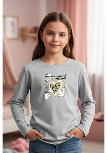 Yuvarlak Yaka Kalp Baskılı Kız Çocuk Sweatshirt Gri