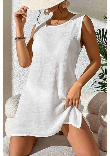 Angelsin Sırt Dekolteli Yırtmaçlı Pareo Plaj Elbisesi Beyaz 001