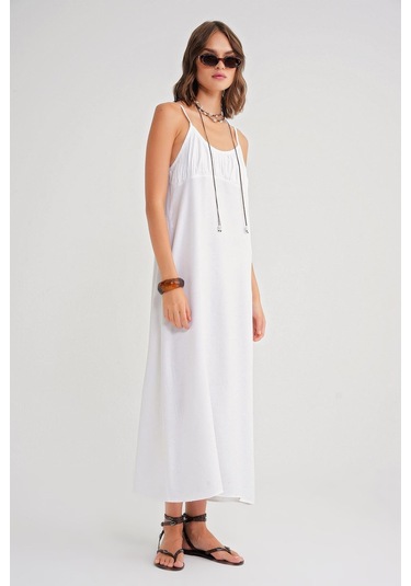 4742 Kadın İp Askılı Büzgü Detaylı Midi Elbise Beyaz Beyaz