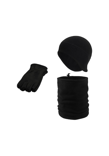 Parmaksız Polar Eldiven - Kulaklıklı Bere - Ipli Boyunluk 3lü Set Siyah