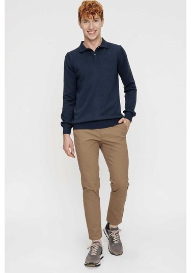 Basic Dinamik Fit Rahat Kesim Polo Yaka Triko Kazak İndigo