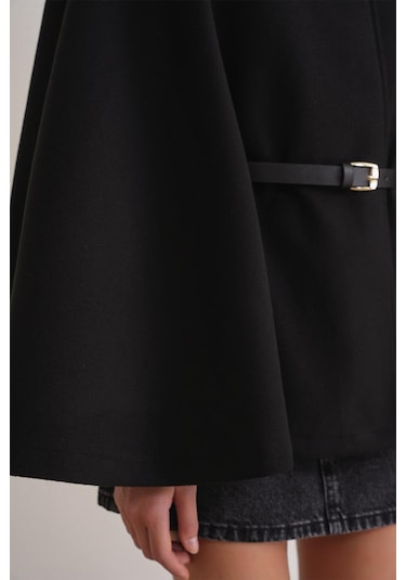 4768 Kadın Kemerli Panço Premium Kaşe Ceket Siyah Siyah