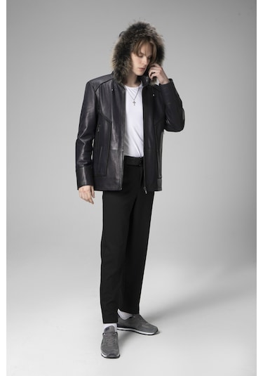 Lacivert Dericlub E2218 Kapüşonlu Jumbo Gerçek Deri Erkek Kaban Lacivert