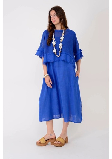 İtalyan Saçak Detaylı Müslin Keteni Yırtmaçlı Elbise - Bluz & 2'li Takım Mürdüm