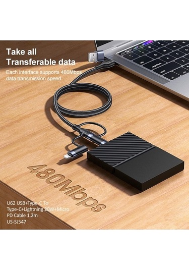 Flybuy Usams Us-sj547 U62 Usb-c + Type-c / Usb + 8 Pin + Mikro Alüminyum Alaşımlı Pd Hızlı Şarj Kablosu, 1,2 M Uzunluk
