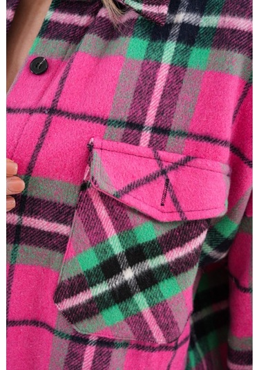 Kadın Desen Bloklu Oduncu Oversize Bol Ve Geniş Kalıp Casual Cepli Yakalı Ceket Gömlek Pembe