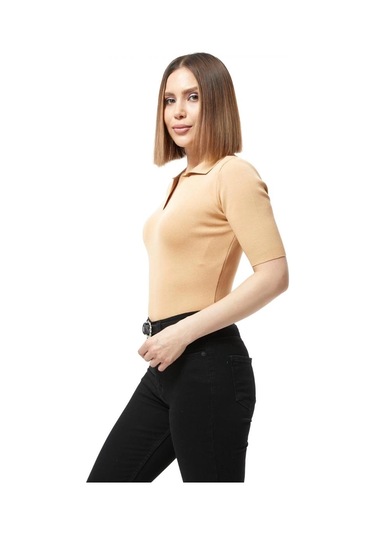 Defymoda Gömlek Yaka Yazlık Triko Bluz Bej