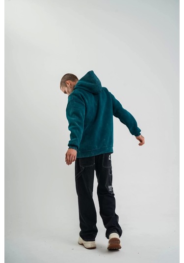 Unisex Uzun Kol Kapşonlu Yıkamalı Nakışlı Sweatshirt - Koyu Deniz Yeşili Koyu Deniz Yeşili