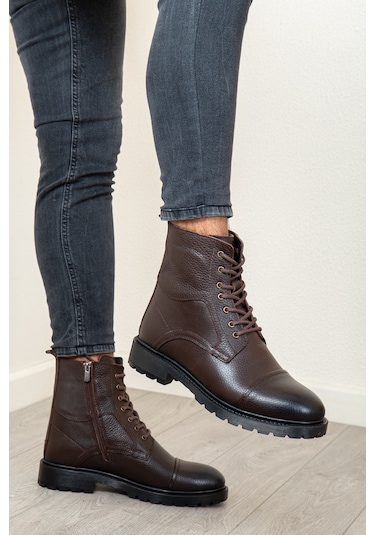 D402 Hakiki Deri Soğuk Geçirmez Kışlık Erkek Bot Kauçuk Taban Kahverengi