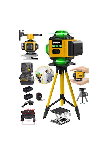 DRG-TLZR128 128 Vf Tripodlu Sarı 12 Köşe Otomatik Hizalama Lazer Metre 360 Derece Yatay Dikey Çapraz Kumandalı