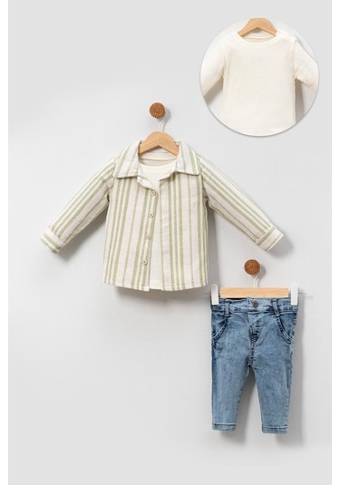 Yumuşak Doku Pamuklu Çizgi Detay Gömlekli Erkek Bebek Takım Yesil