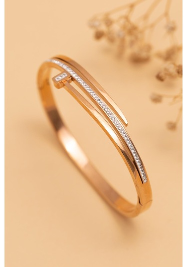 Kadın Çelik Bileklik - Rose Kaplama Kararmaz Taşlı Çivi Model 3 Sıra Kadın Kelepçe