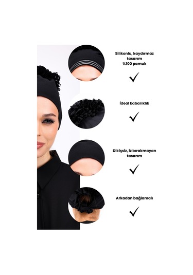 Kaymayan Fırfırlı Siyah Silikonlu Dikişsiz Kaymaz Bone Kadın Tesettür Bağlamalı Iç Bone Siyah
