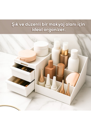 Porsima 5303 Çok Amaçlı Organizer 2 Çekmeceli Kozmetik Parfüm Krem Takı Makyaj Düzenleyici Beyaz