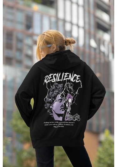 Sevbano Resilience Baskılı Unisex Oversize Tasarım Hoodie Siyah