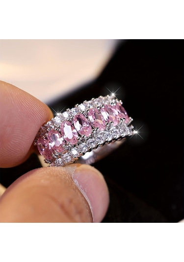 Pembe Parlak Pembe Kristal Taş Zirkon Alyans Kadınlar İçin Moda Düğün Parti Takı Hediye 6 Pembe