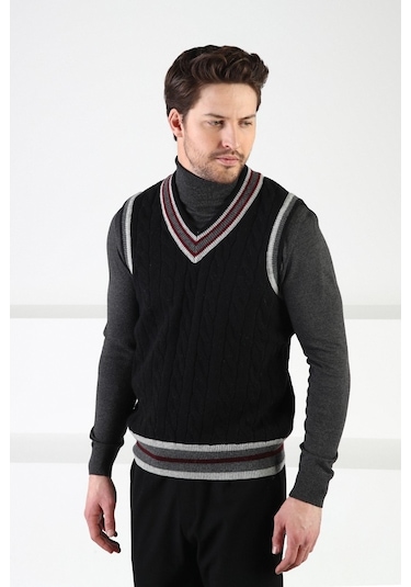 Ferraro Siyah Örgü Desenli V Yaka %100 Kuzu Yünü Erkek Süveter