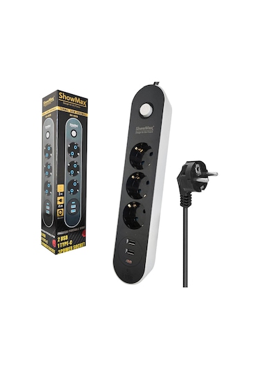 Showmax Sh-4628 3lü Akım Korumalı Priz 2 Metre Anahtarlı 10a 2500 Watt 2xusb 1xtype-c