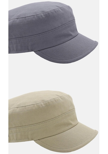 Erkek Fidel Castro Şapka 2'li Kep Rozet Detaylı Kasket - Gri - Bej Koyu Gri