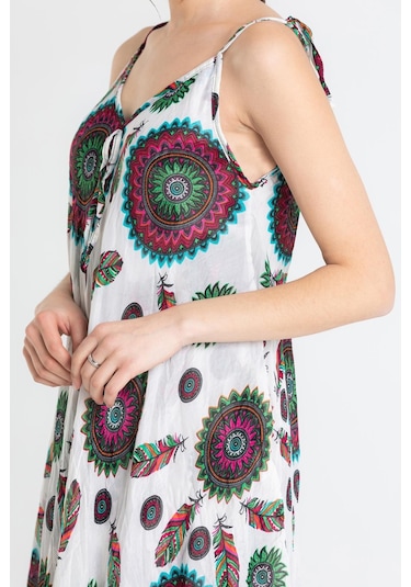 Askılı Vual Afrodit Midi Boy Elbise Yeşil-beyaz 6197 - Kadın Beyaz - Yeşil