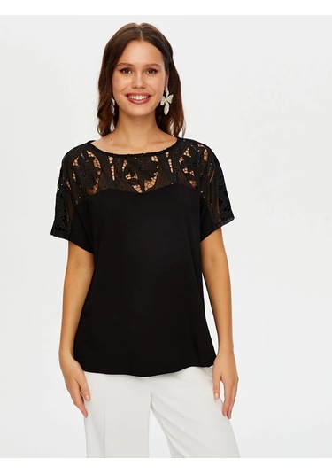 Faik Sönmez Payetli Dantel Garnili Kayık Yaka Kadın Bluz W26blz027 Siyah