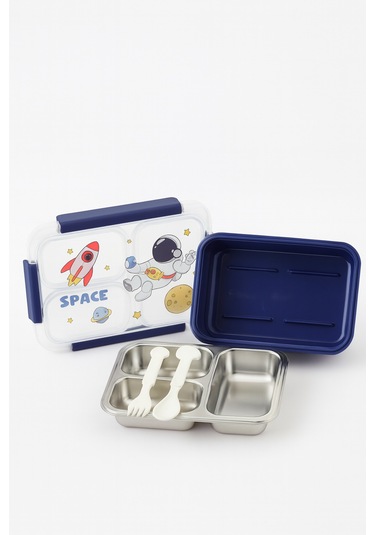 Dekorasyaa Mavi Çocuk Beslenme Kabı - Bölmeli Lunchbox - Vakumlu - 3 Bölmeli Mavi