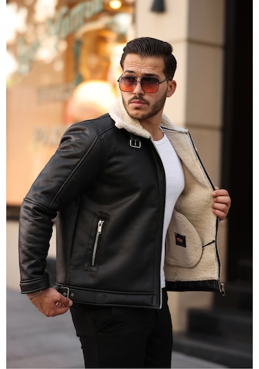 Erkek Napa Deri Içi Full Kürklü Yüksek Kalite Slim Fit Siyah-krem Mont & Ceket Siyah - Krem