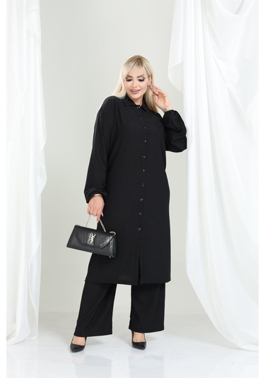 Bürümcük Gömlek Yaka Tunik Takım Düğmeli Tesettüre Uygun 2xl 6xl Siyah