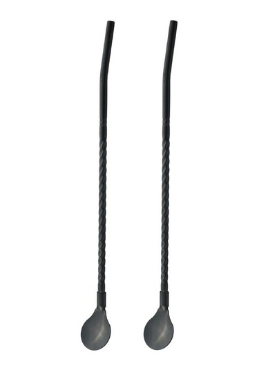 Siyah 2 Adet/takım Siyah Yeniden Kullanılabilir Uzun Saman Kaşığı Renkli 304 Paslanmaz Çelik Pipetler Kepçe Bar Kokteyl Kahve Karıştırma İçme Kaşığı