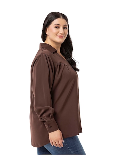 Büyük Beden Yakalı Önü Büzgü Robalı Uzun Kol Kahverengi Gömlek-kahverengi Kahverengi