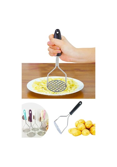 Plastik Saplı Delikli Metal Paslanmaz Patates Muz Yumurta Ezici Püre Yapıcı Çok Renkli