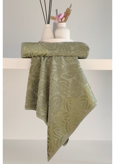 2'li Jakarlı Yaprak Desenli %100 Pamuk El Yüz Havlusu-50x90cm-yeşil Yesıl Yeşil