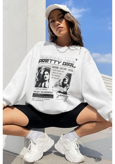 Madmext Beyaz Baskılı Oversize Kadın Sweatshirt Mg1923 Beyaz
