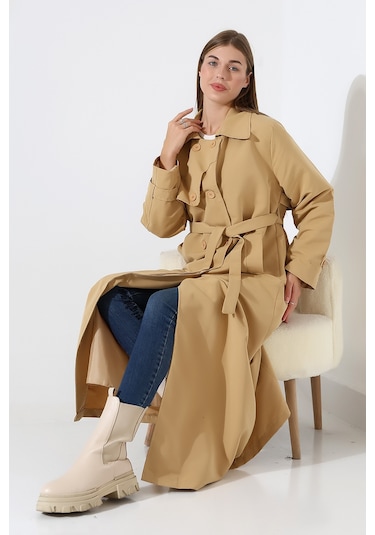 Amazon Keten Kumaş Uzun Boy Düğmeli Astarlı Yumuşak Dokulu Trenç Kot Camel CAMEL